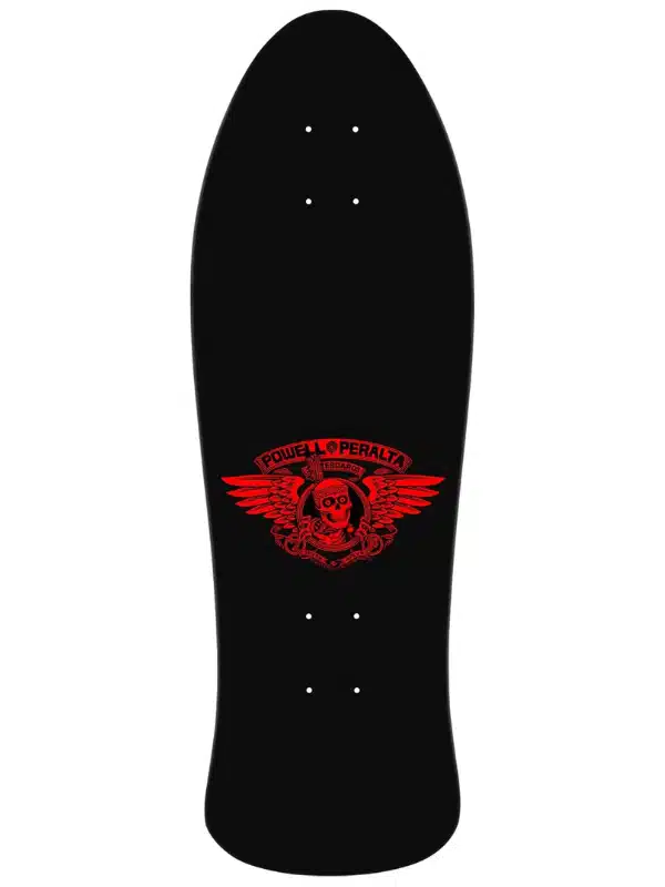 Powell Peralta Steve Saiz Totem Gold Foil Black skateboard deck with a red Powell-Peralta skull-with-wings logo centered on the lower half surface.