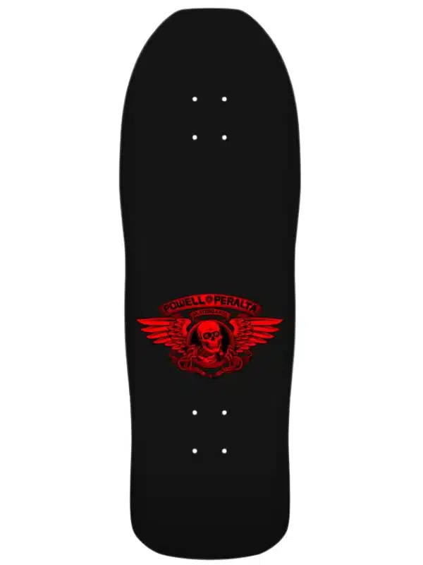 Black skateboard deck featuring a bold red Powell Peralta winged skull logo centered on the deck, with small white mounting holes visible near both ends (informational image).