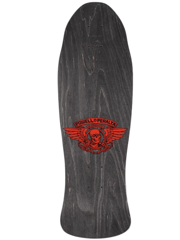 Longboard skateboard deck with a dark wood grain finish and a red Powell Peralta logo featuring a winged skull.