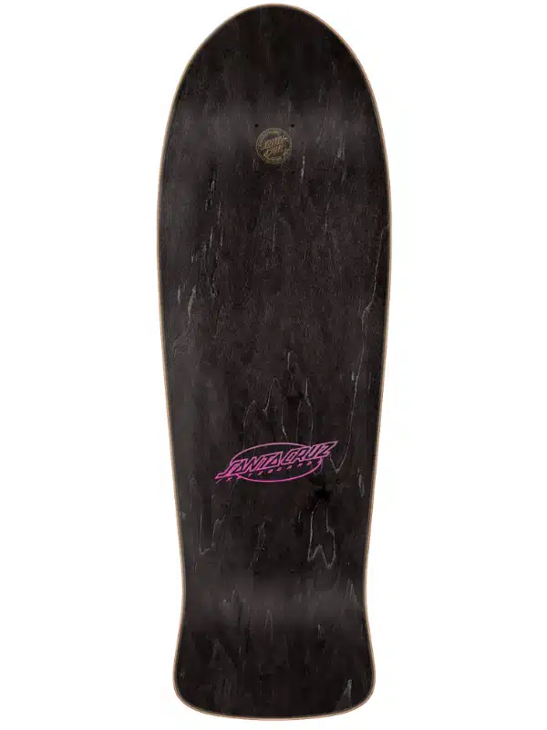 Black skateboard deck with a pink Santa Cruz logo near the center on a dark wood finish